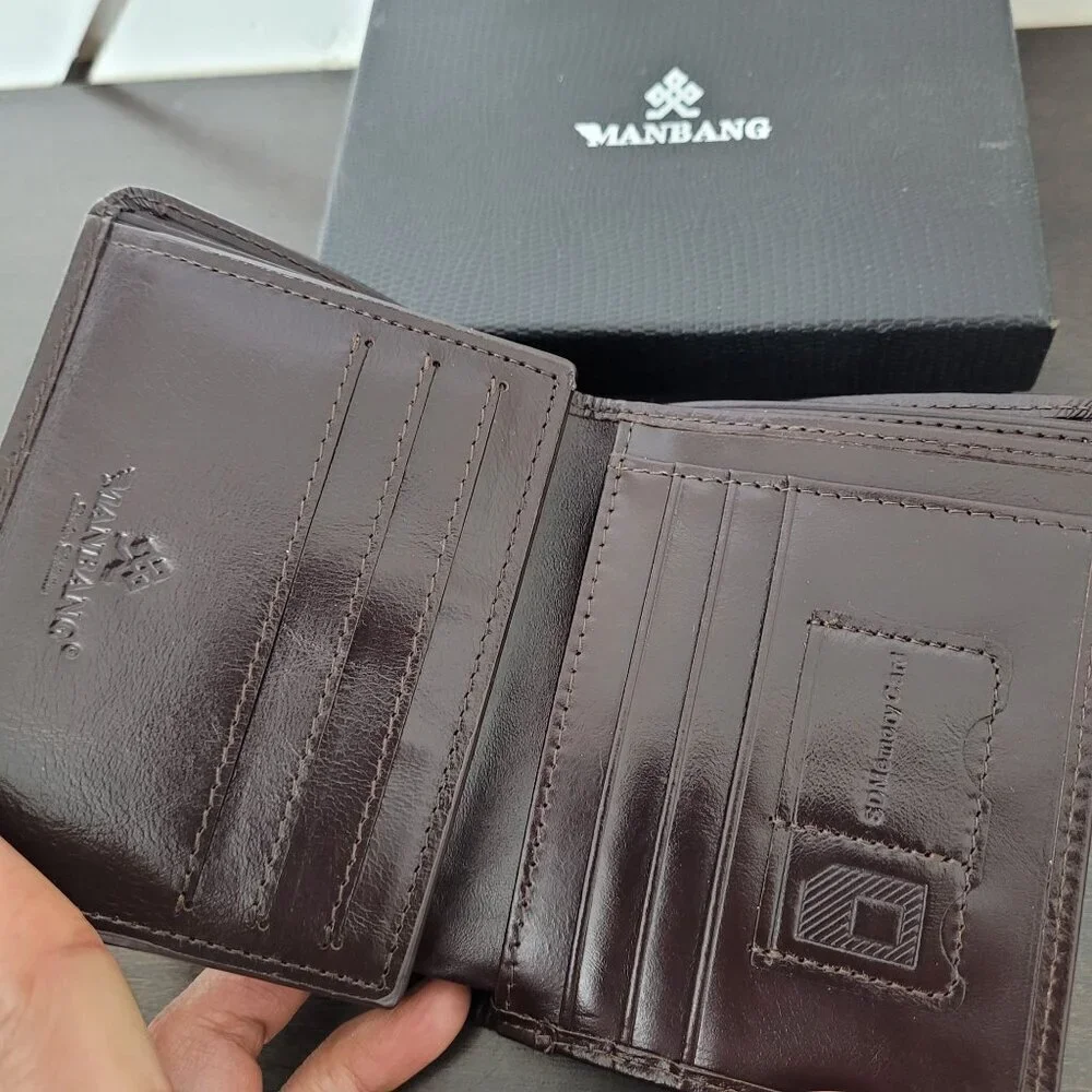 NEW MANBANG Men's Genuine Cowhide Leather Extra Capacity RFID Bifold Wallet 12CT